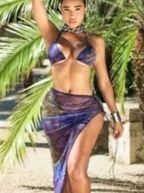 Matte Collection Purple Blue Sheer Bikini Set with Sarong